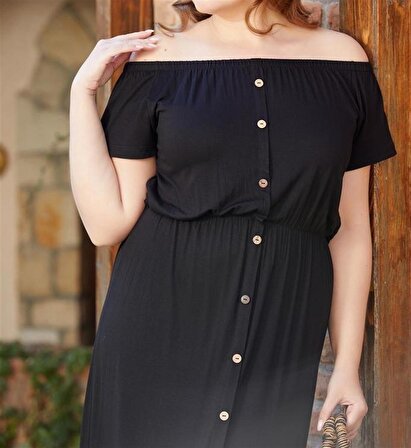 Kadın Elbise Düğme Modelli (İliklemesiz) Omuz Ve Bel Lastikli Etek Kısmı Pileli Viskon Kumaş