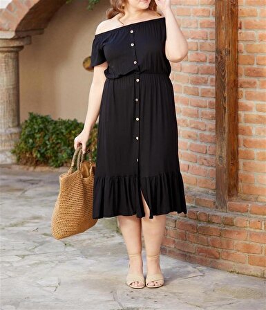 Kadın Elbise Düğme Modelli (İliklemesiz) Omuz Ve Bel Lastikli Etek Kısmı Pileli Viskon Kumaş