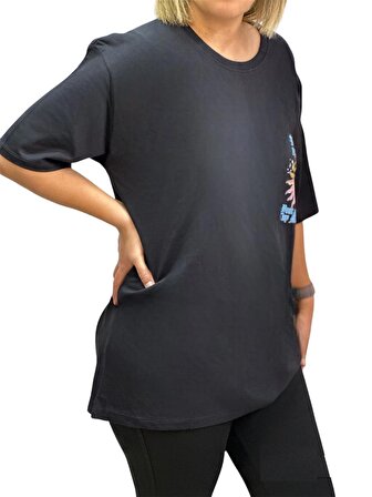 Unisex Tişört Siyah Önde Ve Sırtta Baskı Desenli Oversize (XL Bedene Kadar Uyumlu)