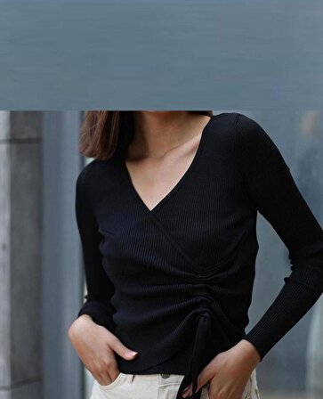 Kadın Bluz Triko Siyah Kuşaklı Kruvaze Bağlamalı Standart Beden (42 Bedene Kadar Uyumlu)