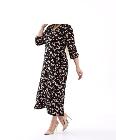 Kadın Elbise Kruvaze Fırfırlı Uzun Kollu Vison Kumaş