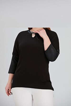 Kadın Bluz Siyah Duble Kol Deri Detaylı Yaka Bağcıklı Viskon Penye Kumaş