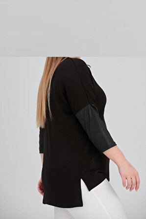 Kadın Bluz Siyah Duble Kol Deri Detaylı Yaka Bağcıklı Viskon Penye Kumaş