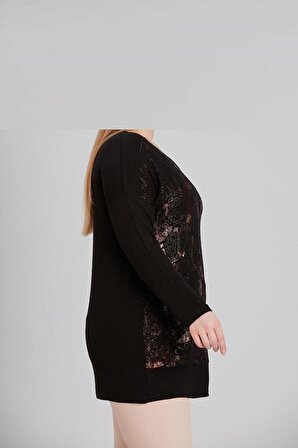 Kadın Bluz Siyah Uzun Kollu Altın Renk Desenli Viskon Penye Kumaş