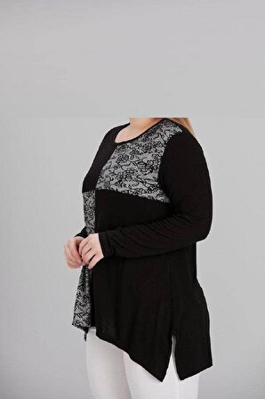 Kadın Bluz Siyah Uzun Kollu Dantel Çiçek Desenli Viskon Penye Kumaş