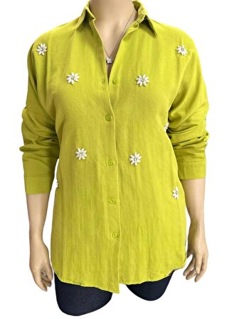 Kadın Gömlek Keten Kumaş İnci Ve Taş Çiçek Desenli Yeşil Standart Beden (42-4 Bedene Kadar Uyumlu) 