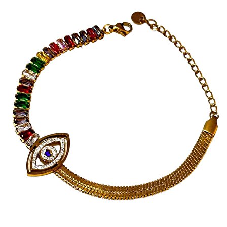 Kadın Takı Çelik Bileklik Göz Figürlü Altın Renkli Taşlı 20cm