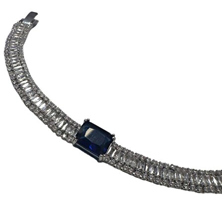 Kadın Takı Çelik Bileklik Zirkonyum Mavi Taşlı Su Yolu 17+2cm
