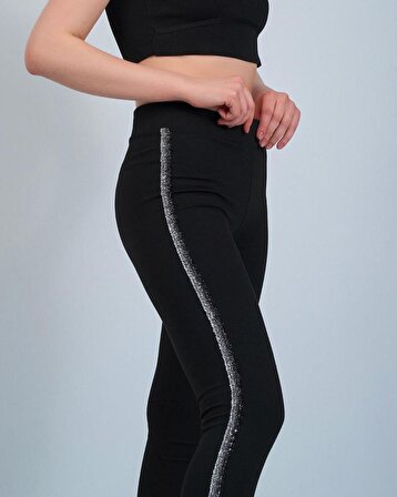 Kadın Tayt Pantolon Yanı Kalın Metalik Gri Şeritli Çelik Kumaş Dar Paça