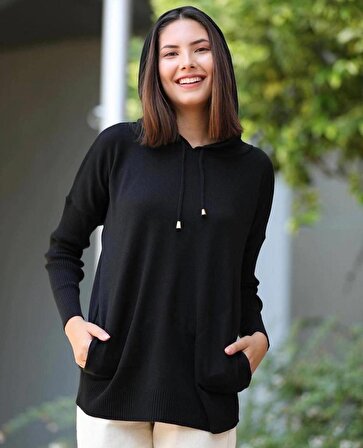 Kadın Triko Bluz Siyah Kapşonlu Cepli Akrilik-Yün Kumaş Standart Beden (36-44 Beden Uyumlu)