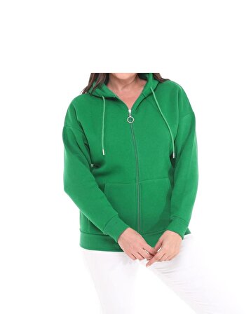Kadın Sweat Ceket Yeşil Fermuarlı Kapşonlu Kanguru Cepli Viskon Kumaş 