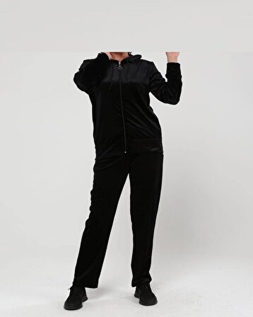 Kadın Eşofman Takımı Kadife Kumaş Cepsiz Kapşonlu Fermuarlı Beli Bağcıklı Düz Paça Cepli Pantolon