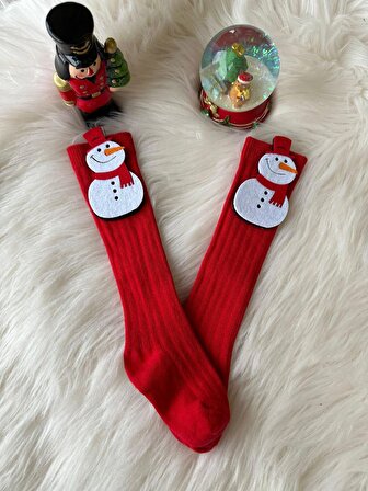 DEMES Diz Altı Soket Çorap Kardan Adam-Kırmızı