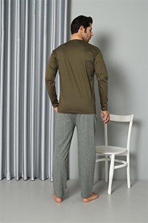 Akbeniz Erkek Uzun Kol Penye Haki Pijama Takım 6842