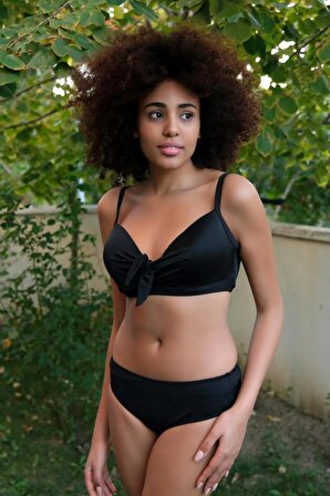 Akbeniz Kadın İçi Boş Fiyonklu Kaplı Siyah Alt Üst Bikini Takım 35011