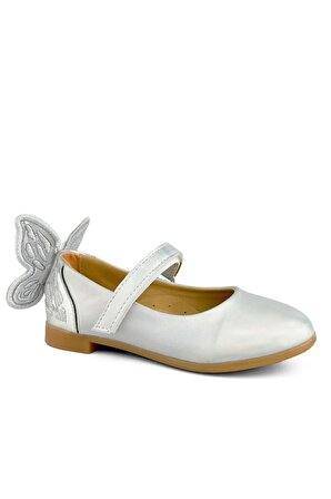 Kelebek Figürlü Detaylı Kız Çocuk Babet Ayakkabı Gümüş