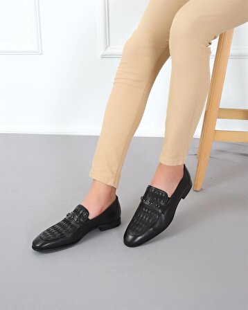 Hakiki Deri Özel Tasarım Tokalı Siyah Klasik Erkek Ayakkabı 023-0242