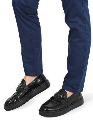 Siyah Deri Kroko Baskılı Kemer Detaylı  Erkek Ayakkabı Ve Kemer Set 023-1020