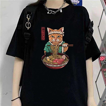 Samurai Cat Spaghetti Siyah Unisex Oversize T-shirt