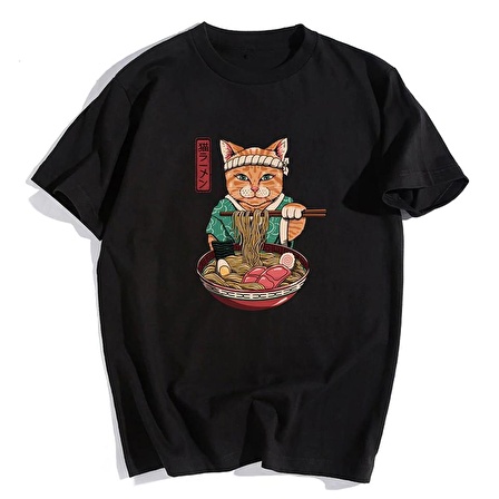 Samurai Cat Spaghetti Siyah Unisex Oversize T-shirt