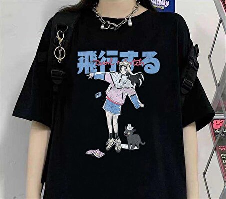 Anime Girl & Cat Siyah Unisex Oversize T-shirt