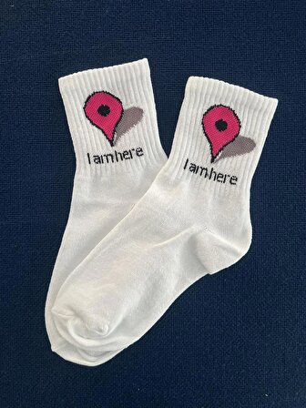 'I Am Here' Location Unisex Beyaz Kolej Çorap