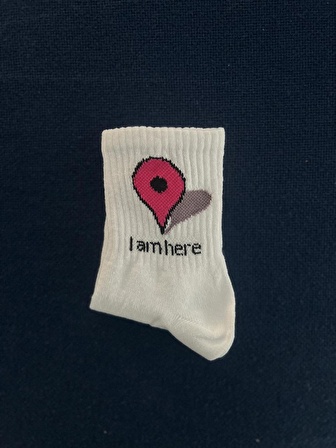 'I Am Here' Location Unisex Beyaz Kolej Çorap