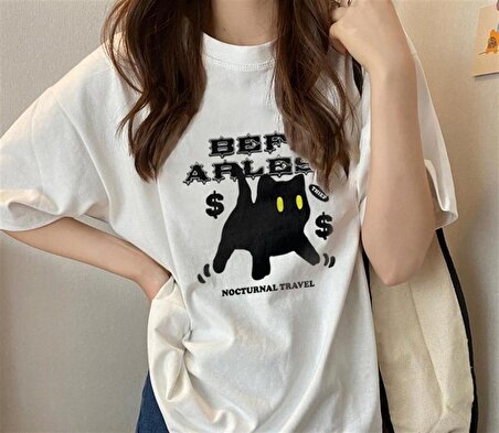 Be Fearless Cat Baskılı Beyaz Unisex Oversize T-shirt