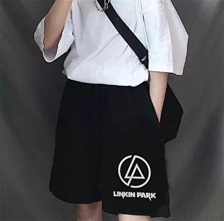 Linkin Park Logo Baskılı Siyah Unisex Penye Şort