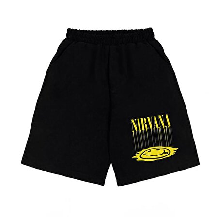 Nirvana Baskılı Siyah Unisex Penye Şort