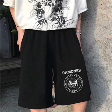 Ramones Logo Baskılı Siyah Unisex Penye Şort
