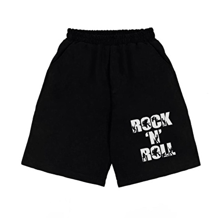 Rock 'N' Roll Baskılı Siyah Unisex Penye Şort