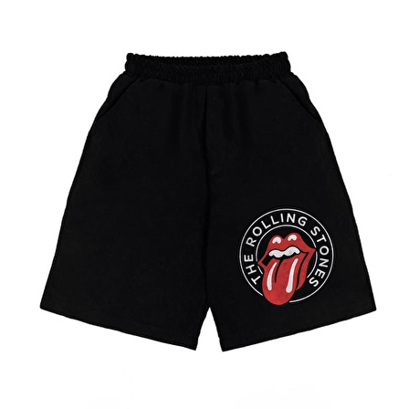 Rolling Stones Baskılı Siyah Unisex Penye Şort