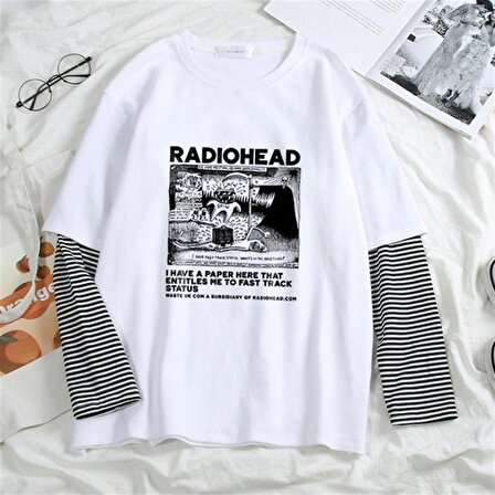 Radiohead Baskılı Fake Sleeves Unisex Beyaz T-shirt