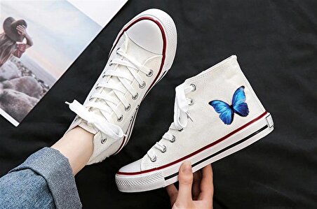 Blue Butterfly Baskılı Beyaz Unisex Kanvas Ayakkabı