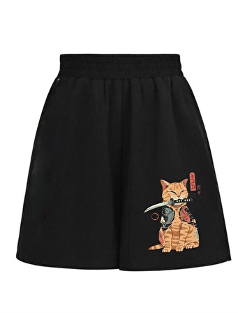 Killer Cat Baskılı Siyah Unisex Penye Şort