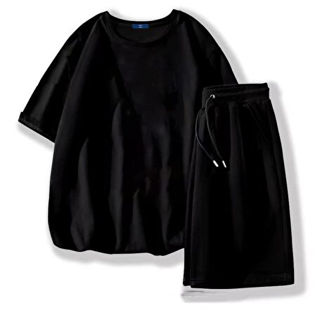 Düz Siyah Unisex Oversize T-shirt & Şort İkili Takım