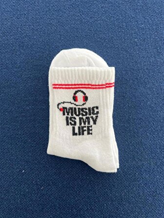 Music Is My Life Unisex Beyaz Kolej Çorap