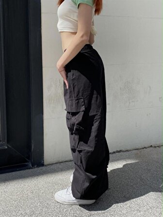  Siyah Tactical Paraşüt Kumaş Kargo Cepli Oversize Unisex Pantolon