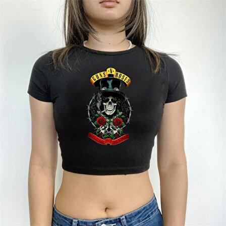 Rock Serisi Guns N' Roses Logo Baskılı Siyah Crop