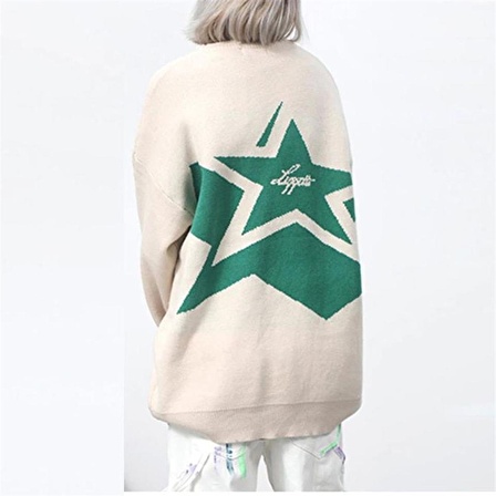 Touz Y2K Vintage Harajuku Star Capitol Ön Arka Baskılı Unisex Oversize Ecru Kazak