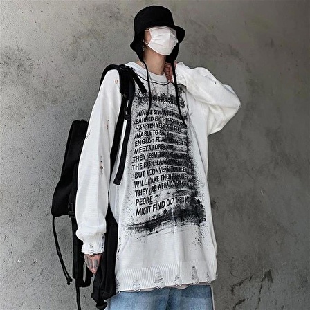 Touz Vintage Harajuku Graffiti Desenli Unisex Oversize Ecru Kazak