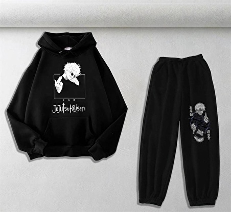 Jujutsu Kaisen Baskılı Siyah Oversize Kapüşonlu Sweatshirt & Eşofman Altı Unisex İkili Takım