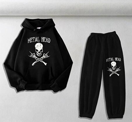 Metal Head Baskılı Siyah Oversize Kapüşonlu Sweatshirt & Eşofman Altı Unisex İkili Takım