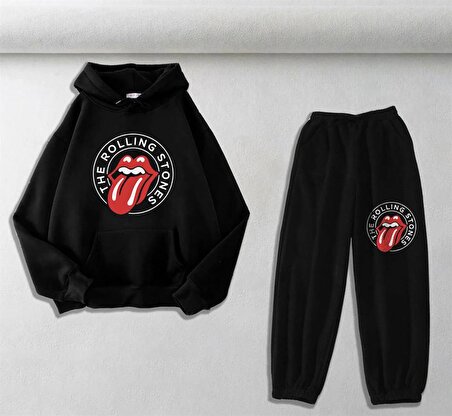 Rolling Stones Baskılı Siyah Oversize Kapüşonlu Sweatshirt & Eşofman Altı Unisex İkili Takım