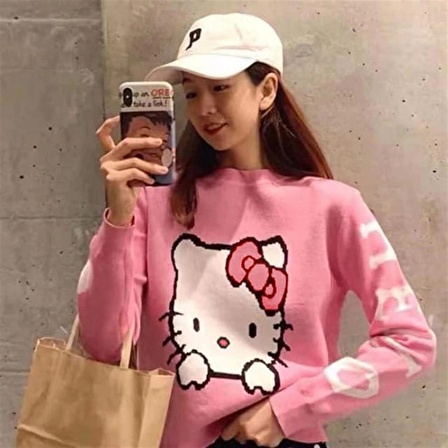 Harajuku Hello Kitty Pembe Oversize Crop Kazak