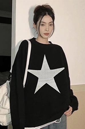 Y2K Streetwear Star Oversize Unisex Siyah Kazak