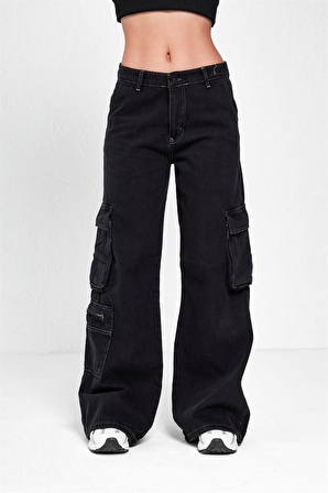 Y2K RECYCLED BLACK DOUBLE CARGO POCKET WIDE LEG JEAN