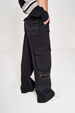 Y2K RECYCLED BLACK DOUBLE CARGO POCKET WIDE LEG JEAN