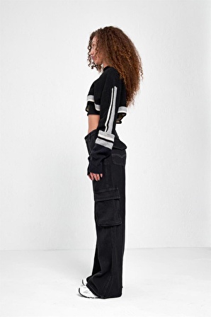 Y2K RECYCLED BLACK DOUBLE CARGO POCKET WIDE LEG JEAN